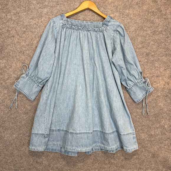 Free People Sonora Denim Mini Dress Women Medium Relaxed Babydoll Square 3/4 Tie - Picture 14 of 15